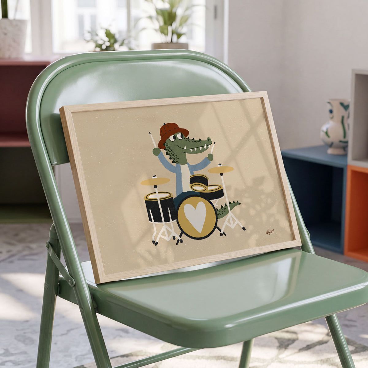 Landscape poster of a crocodile in a beret playing a drum kit with a heart on the bass drum