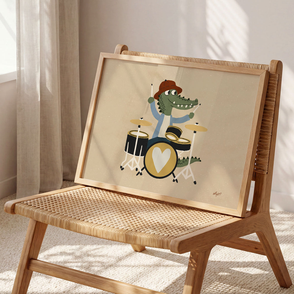 Landscape poster of a crocodile in a beret playing a drum kit with a heart on the bass drum