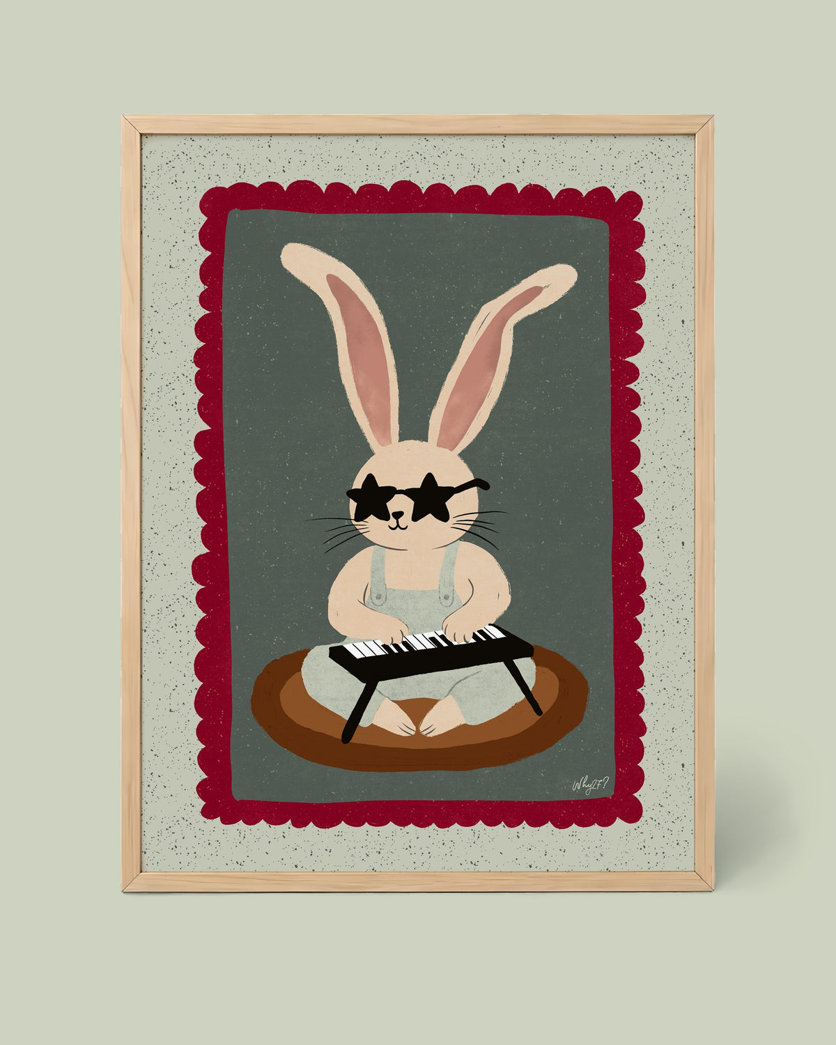 Happy Keys Bunny Poster framed in a natural wood frame