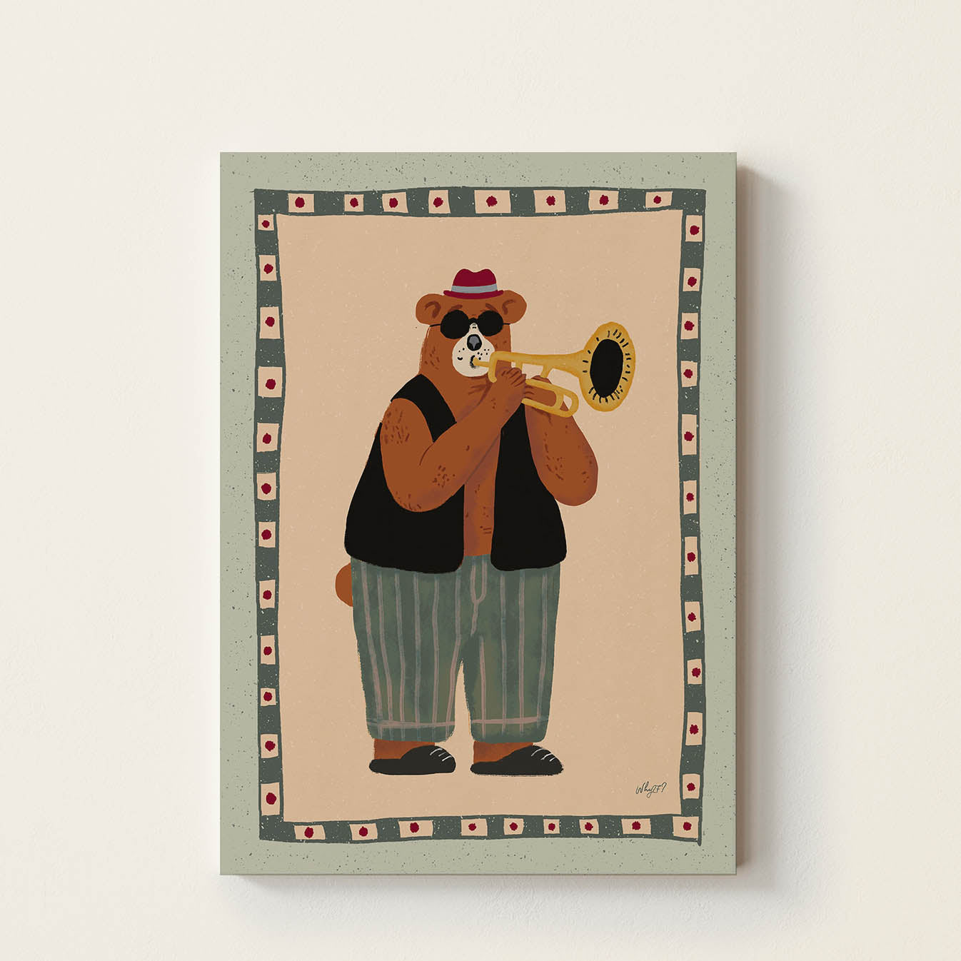 Hand-drawn bear wearing sunglasses and a red hat while playing a golden trumpet, retro jazz-inspired wall art for kids' bedrooms, nurseries, playrooms, and music rooms.