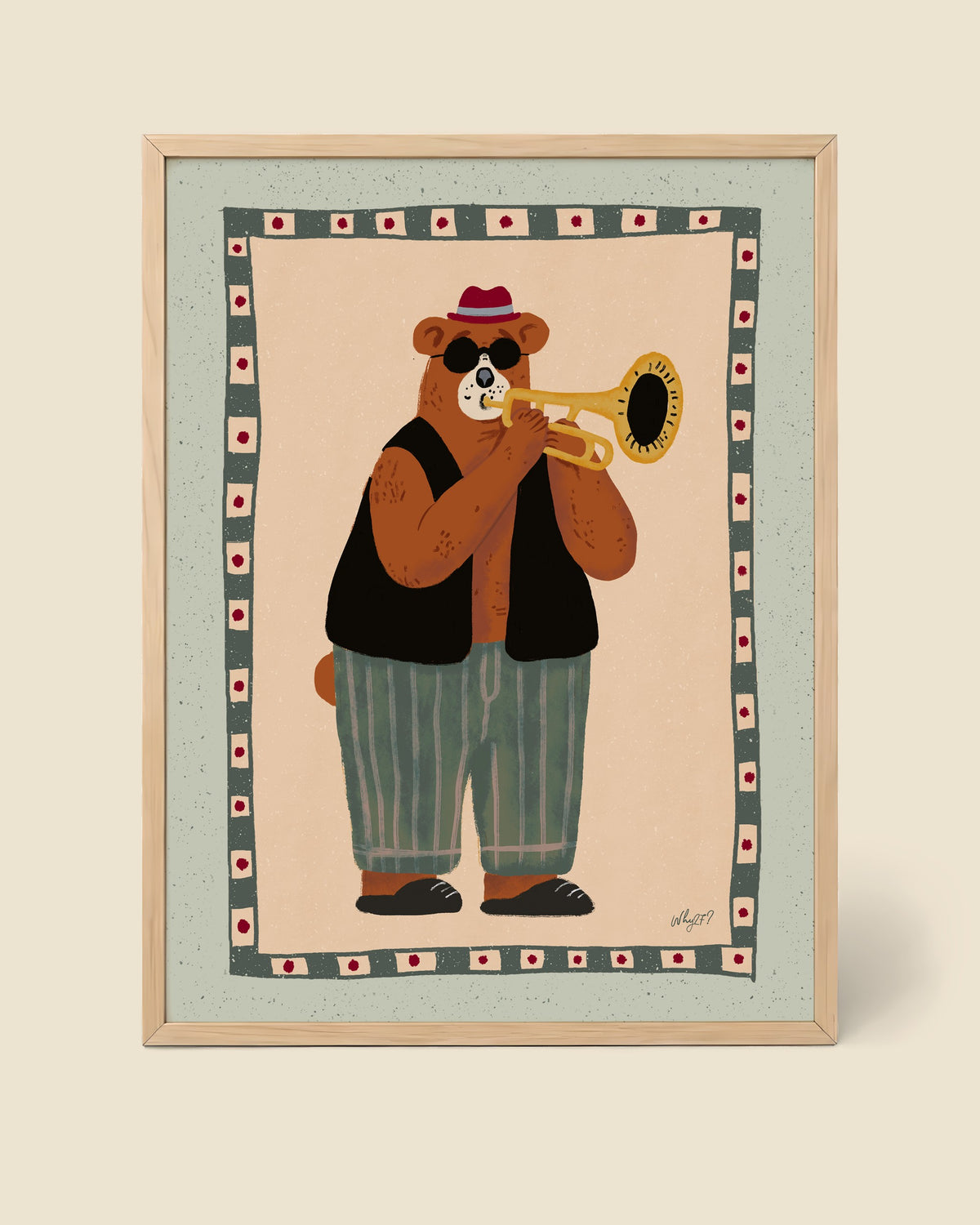 Cool Jazz Bear Poster framed in a natural wood frame