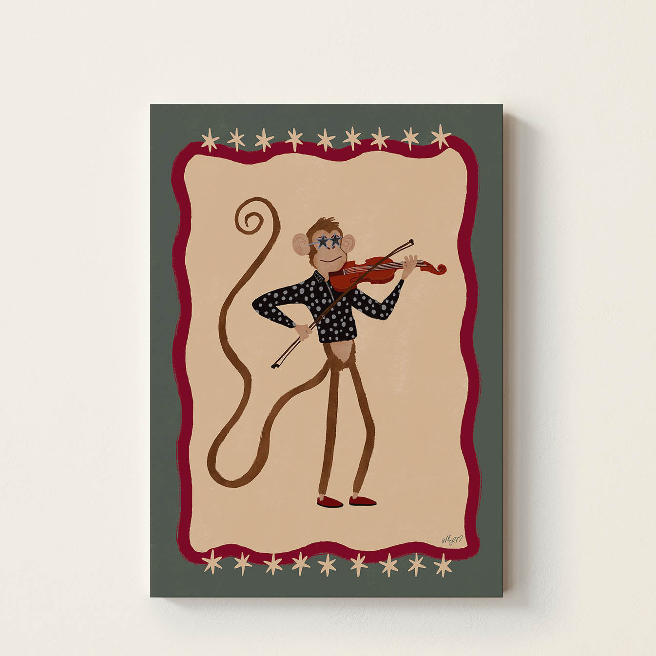 Hand-drawn monkey wearing star-shaped glasses while playing a violin inside a vintage-inspired decorative frame, retro music wall art for kids' bedrooms, nurseries, playrooms, and music rooms.