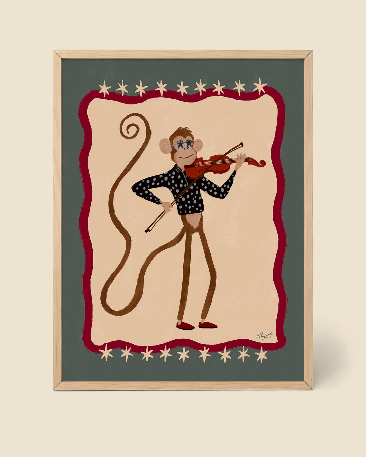Retro Violin Monkey Poster framed in a natural wood frame