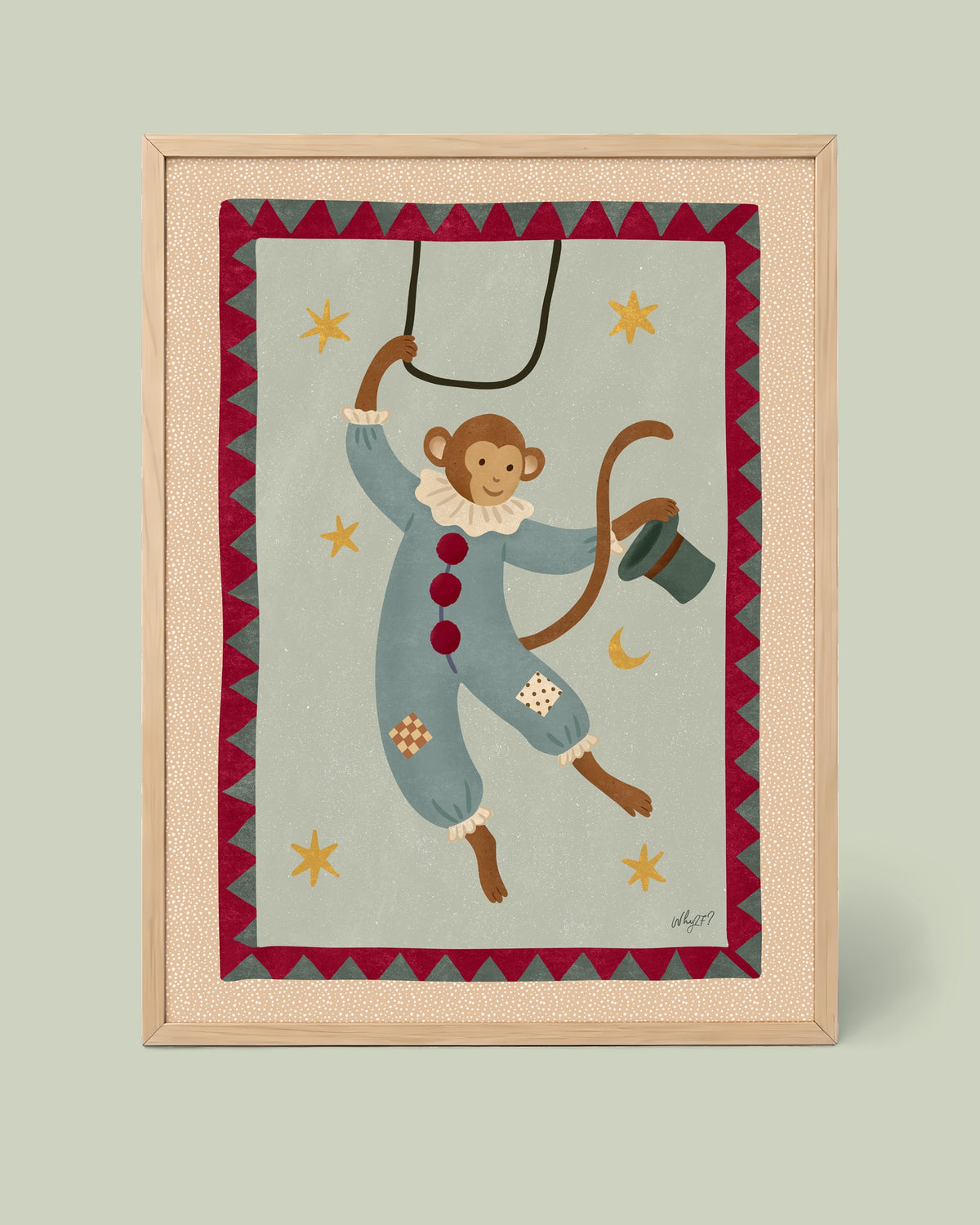 Circus Monkey Poster framed in a natural wood frame