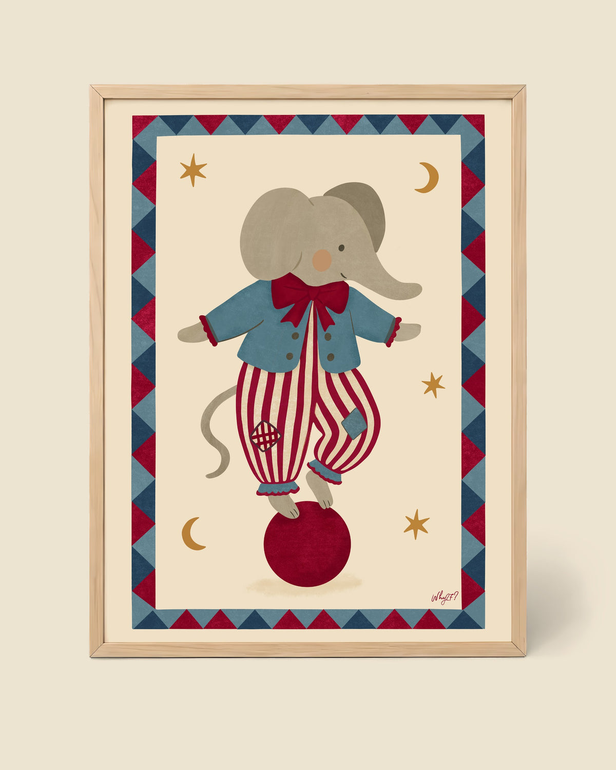 Circus Elephant Poster framed in a natural wood frame