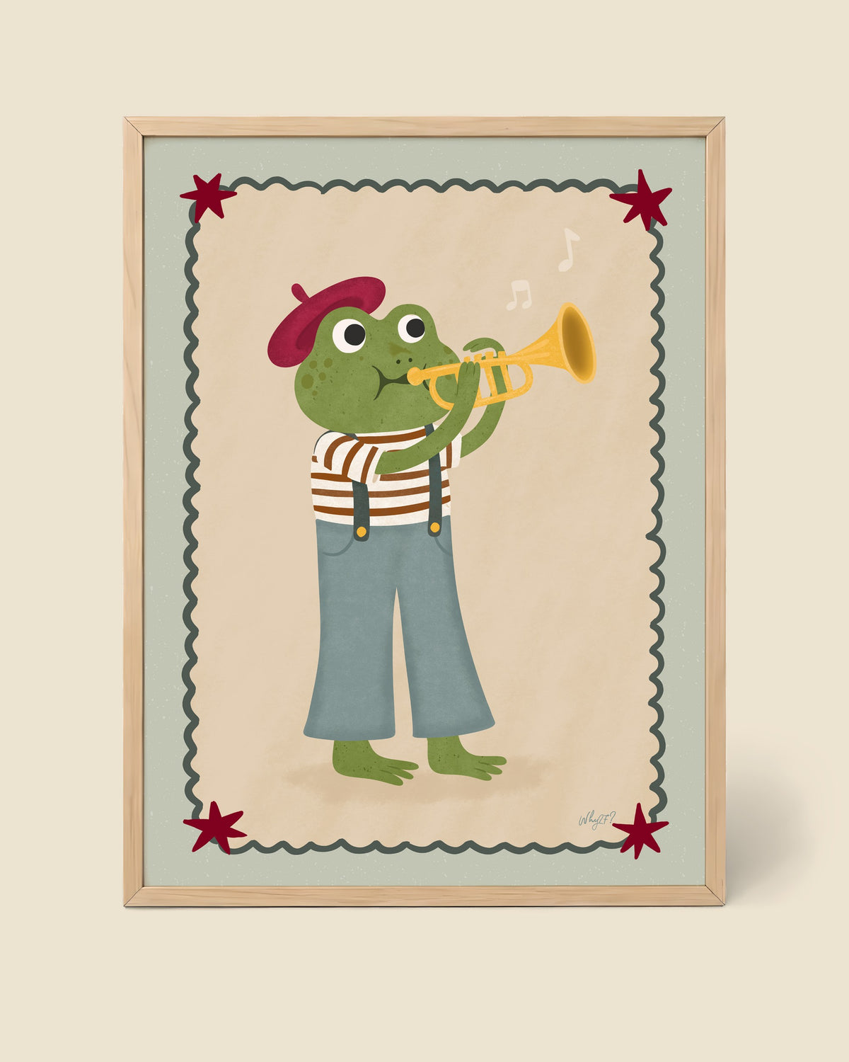 Trumpet Frog Poster framed in a natural wood frame