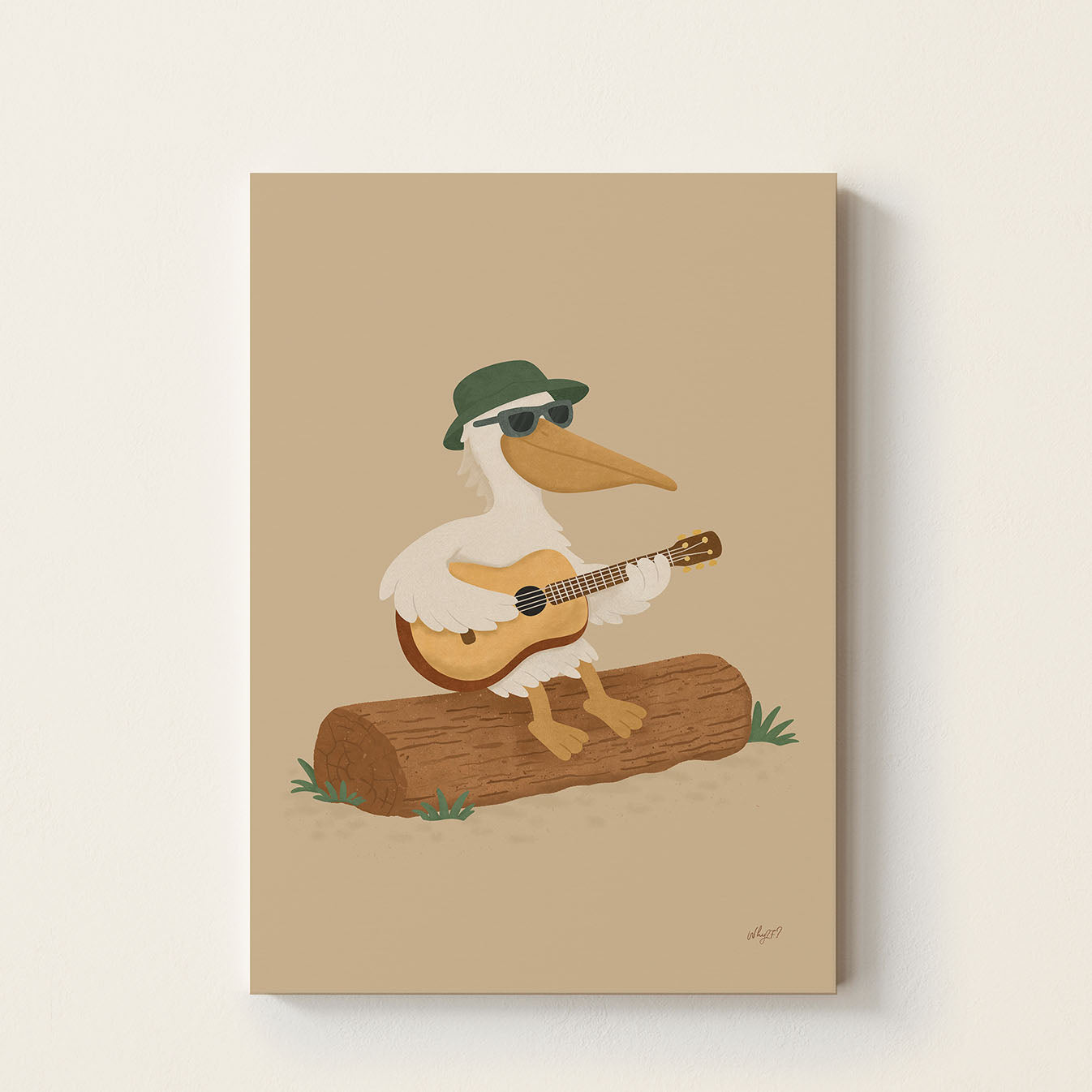 Hand-drawn pelican wearing sunglasses and a green hat while playing an acoustic guitar on a wooden log, whimsical music-themed wall art for kids' bedrooms, nurseries, and playrooms.