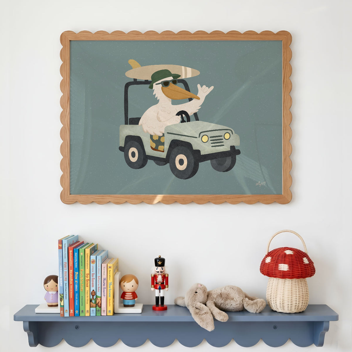Landscape poster of a pelican driving a green jeep with a surfboard on the roof
