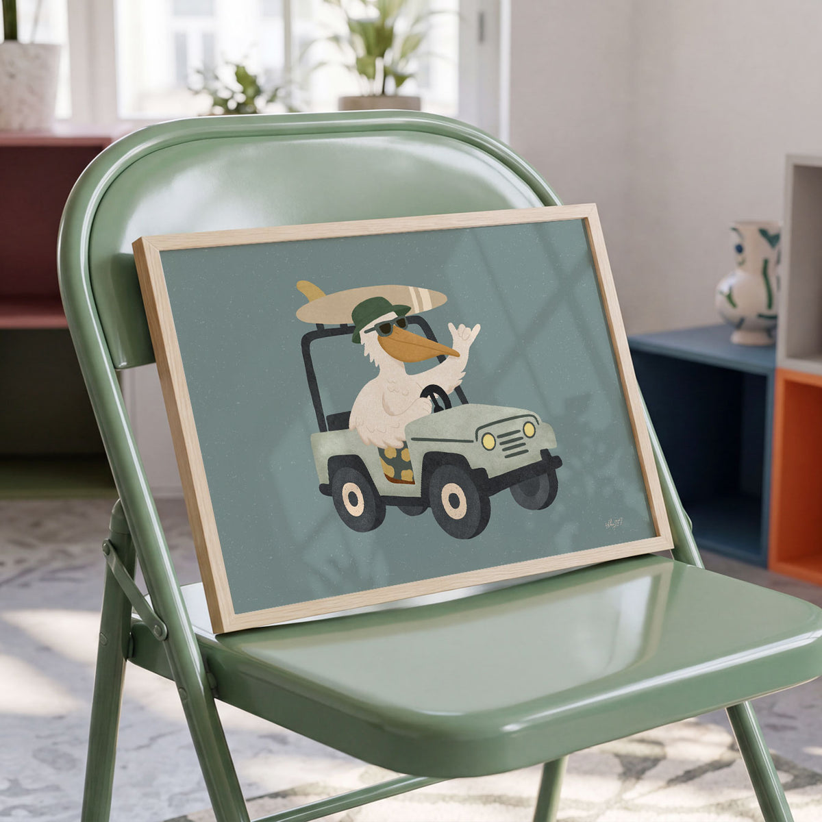 Landscape poster of a pelican driving a green jeep with a surfboard on the roof