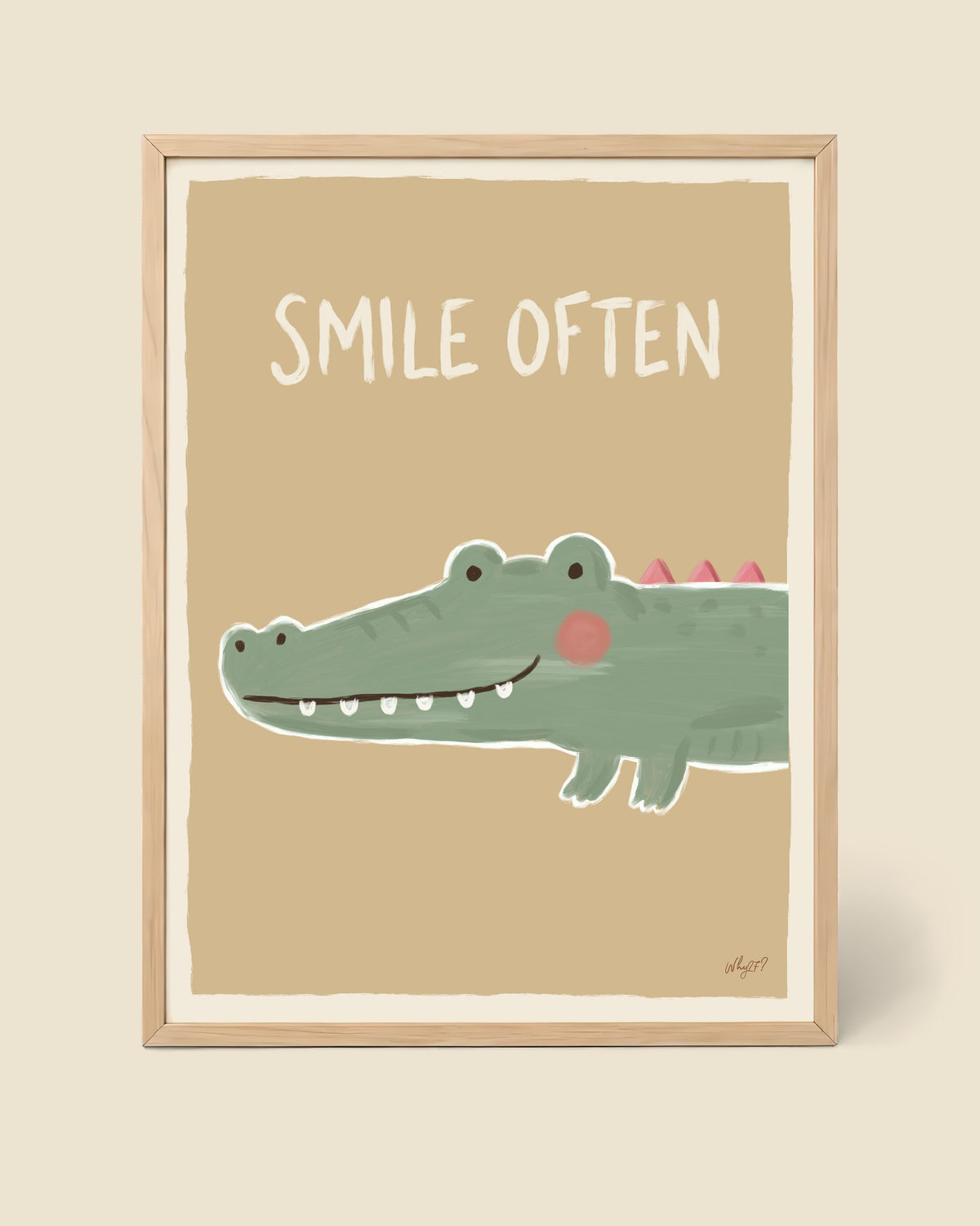 Smile Often Crocodile Poster framed in a natural wood frame
