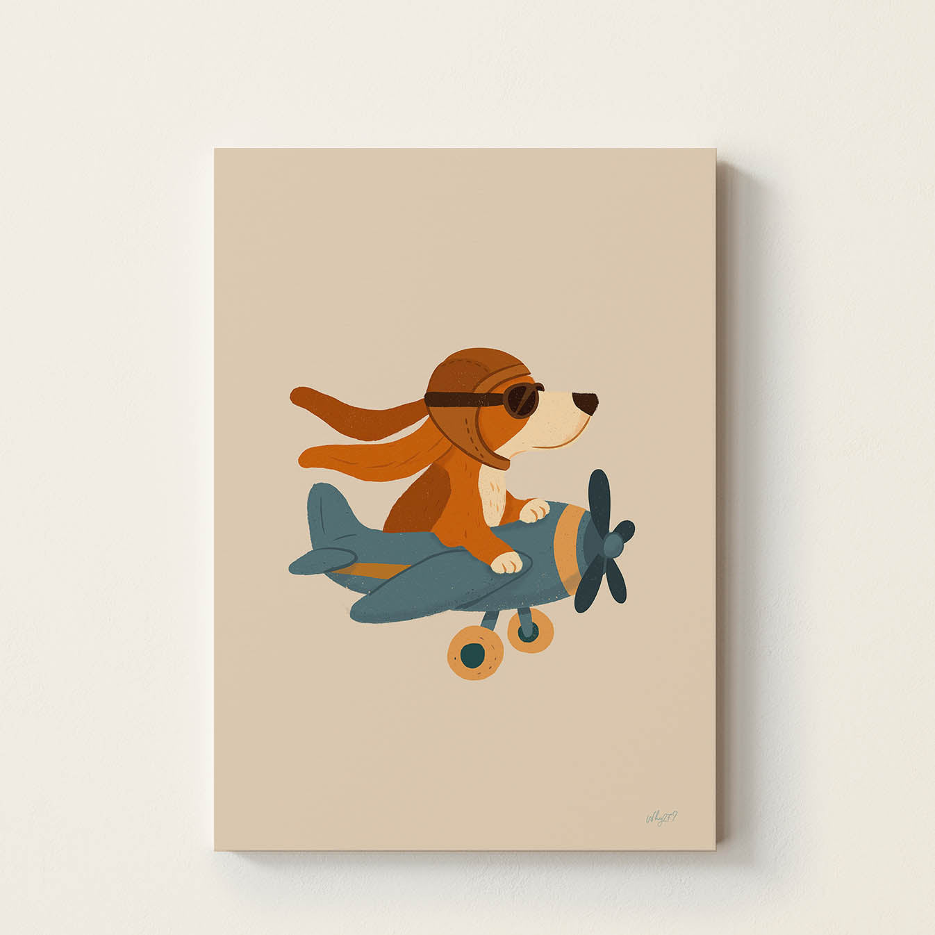 Hand-drawn dog wearing a vintage aviator helmet and goggles flying a classic propeller airplane, retro-inspired adventure wall art for nurseries, bedrooms, playrooms, and reading corners.