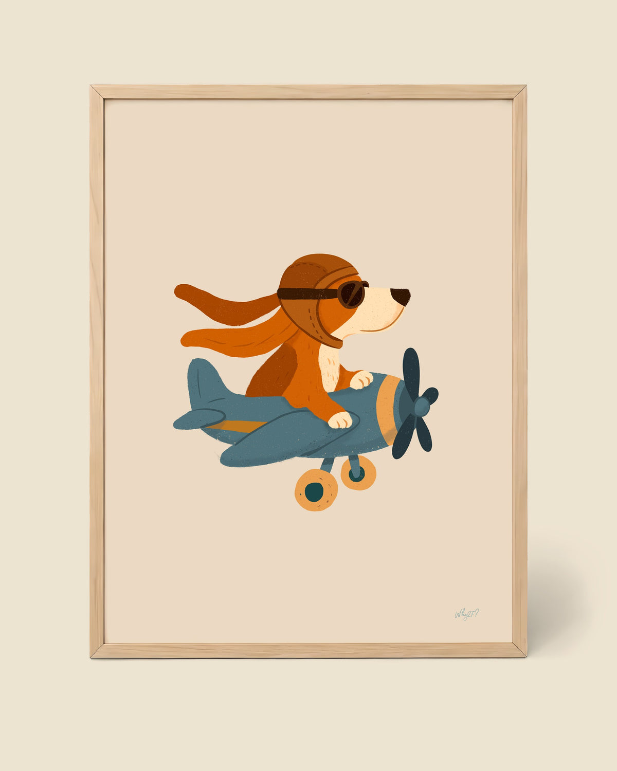 Skybound Pup Poster framed in a natural wood frame