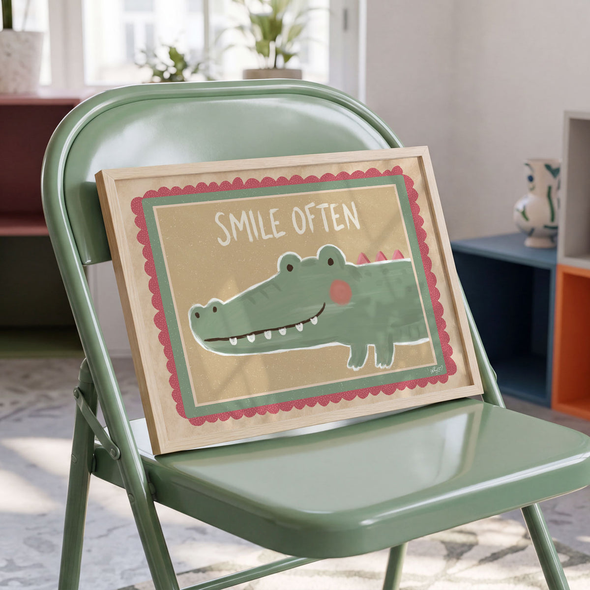 Landscape poster of a smiling crocodile under the words smile often