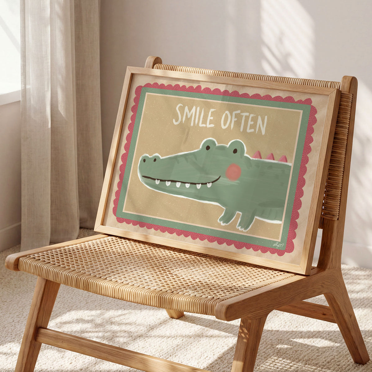 Landscape poster of a smiling crocodile under the words smile often