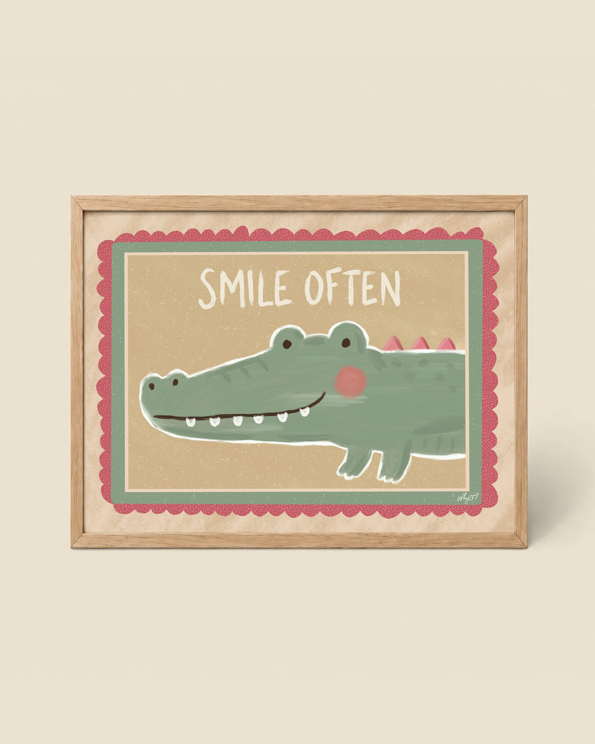Smile Often Landscape Poster framed in a natural wood frame