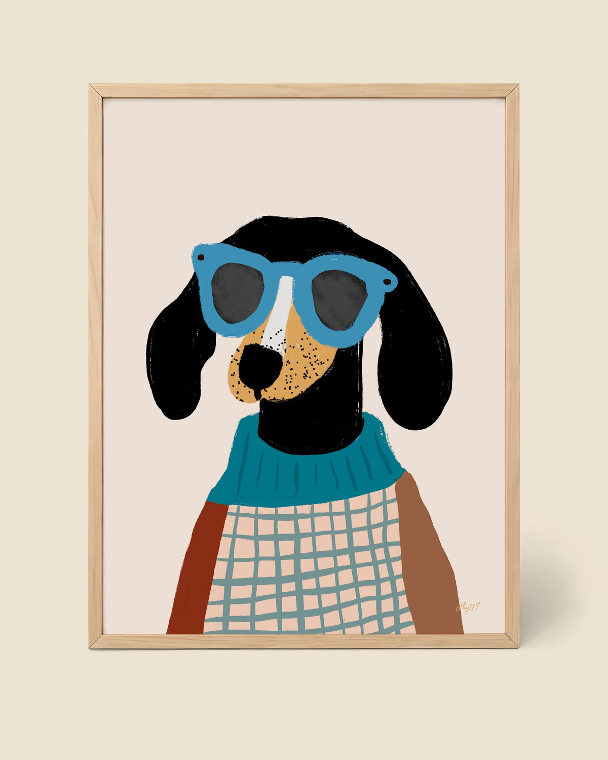 Cardigan Dog Blue Poster framed in a natural wood frame