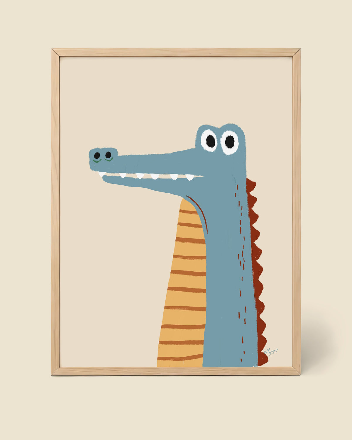 Blue Crocodile Poster framed in a natural wood frame