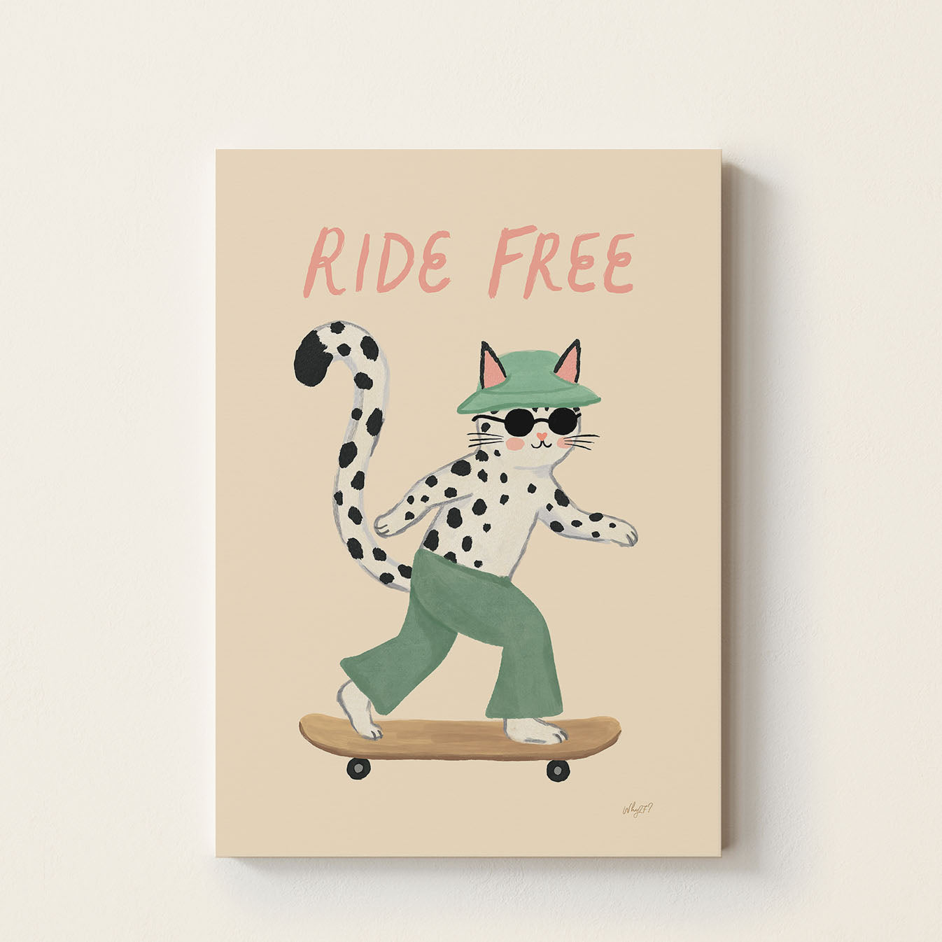 Hand-drawn spotted cat wearing sunglasses and a green bucket hat riding a skateboard beneath the words "Ride Free", whimsical kids wall art for nurseries, bedrooms, and playrooms.