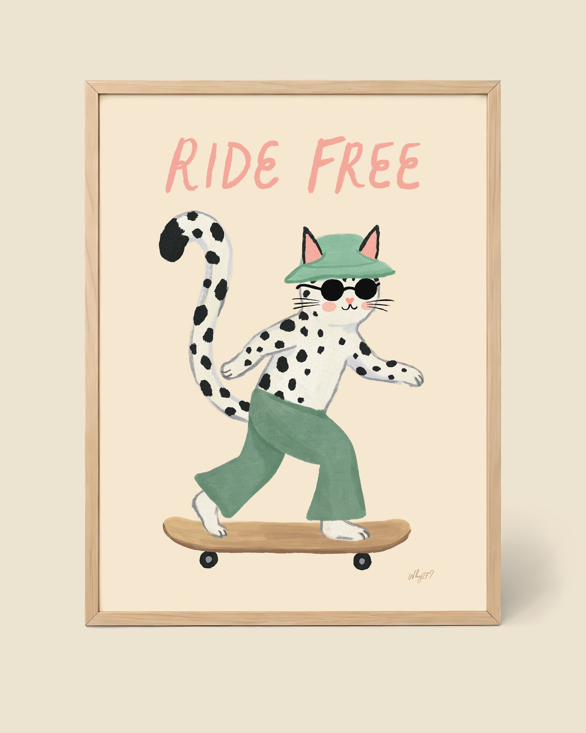 Ride Free Cat Poster framed in a natural wood frame