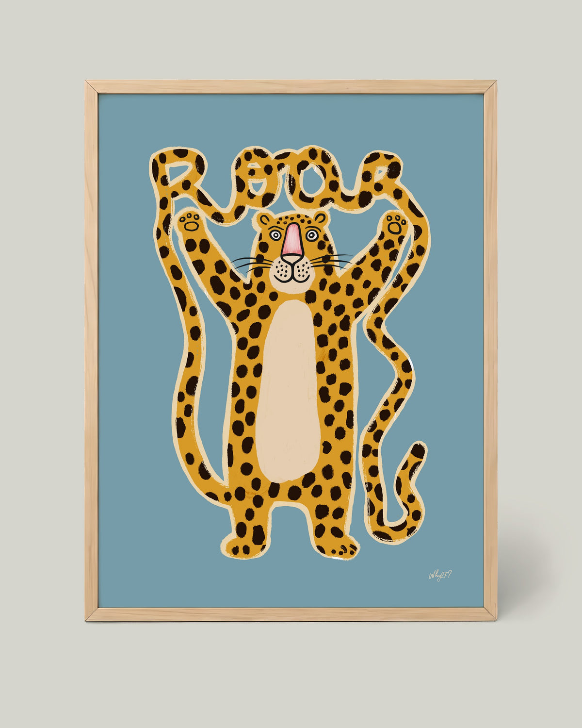 Roar Leopard Blue Poster framed in a natural wood frame