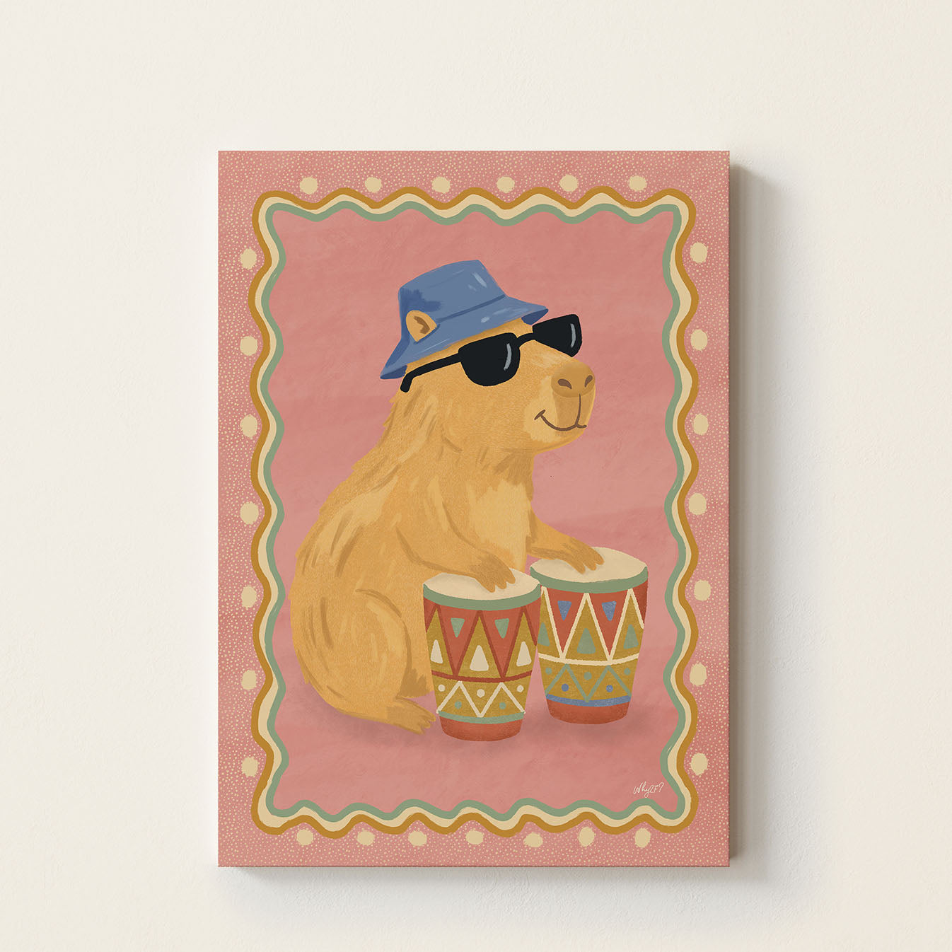 Capybara drum poster featuring a capybara wearing sunglasses and a blue bucket hat playing colorful drums on a pink background.