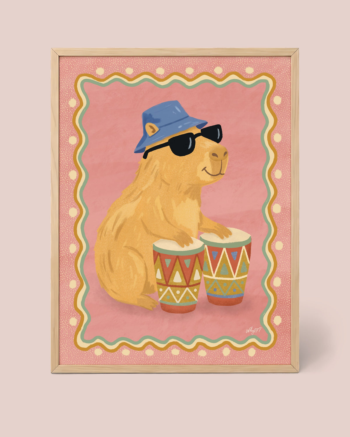 Capybara Drum Poster framed in a natural wood frame