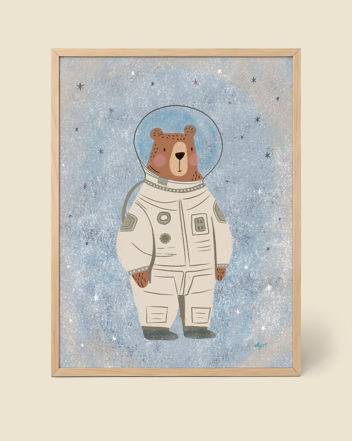 Astronaut Bear Blue Poster framed in a natural wood frame
