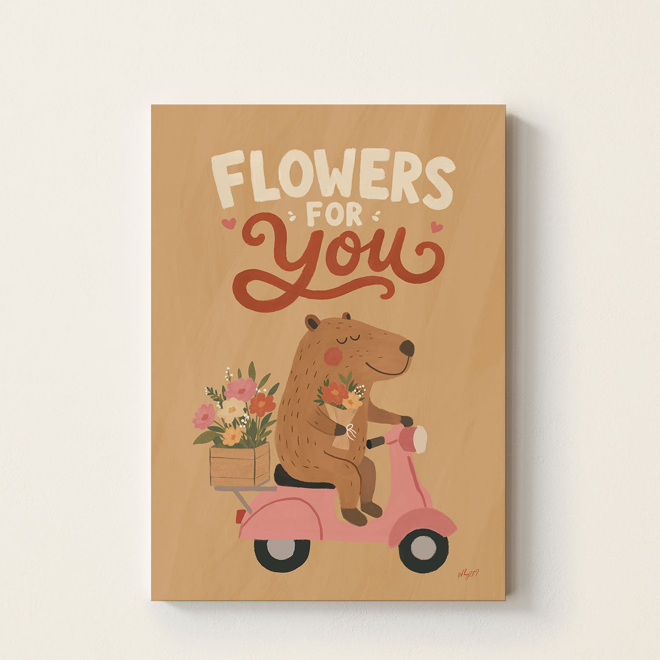 Hand-drawn bear riding a pink scooter carrying flowers with the text Flowers For You, whimsical kids wall art poster for nursery, bedroom, and playroom decor.