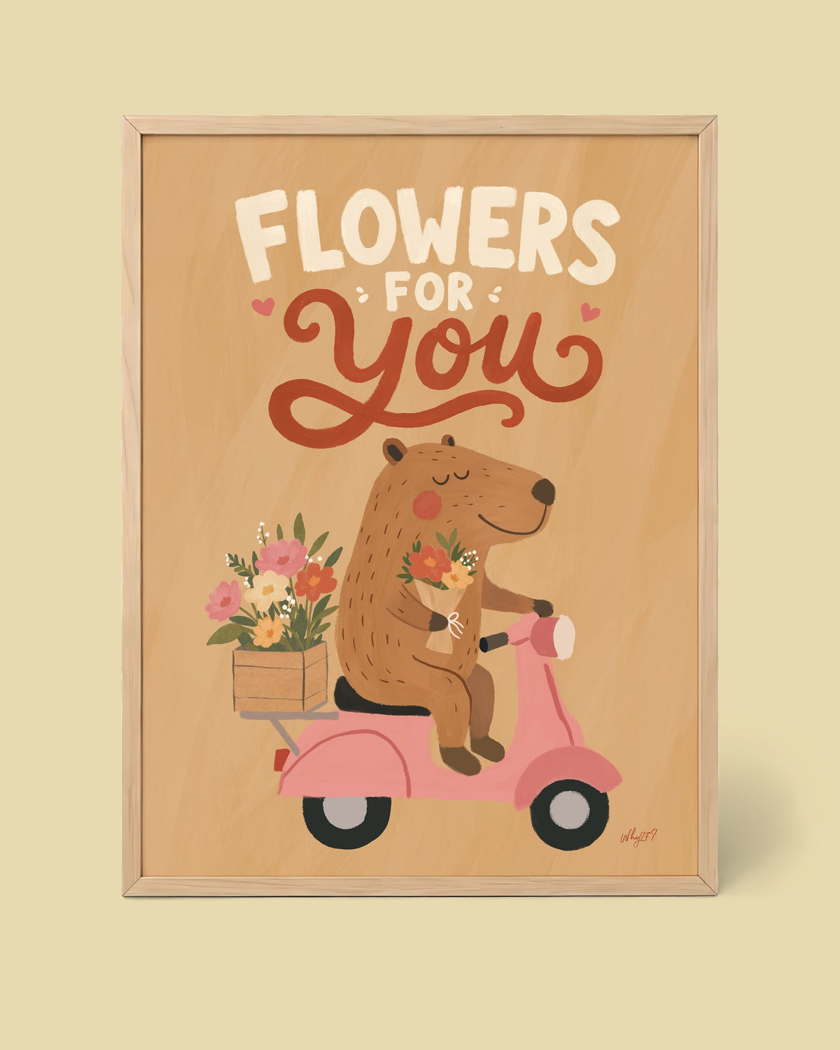 Flowers For You Bear Poster framed in a natural wood frame