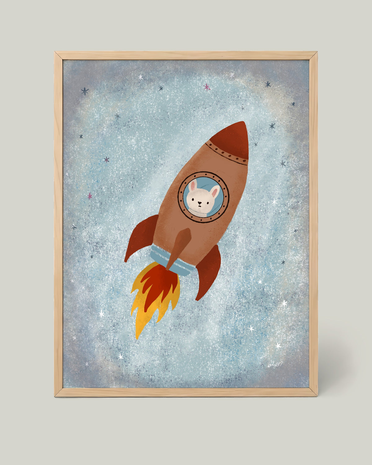 Rocket Rabbit Poster framed in a natural wood frame