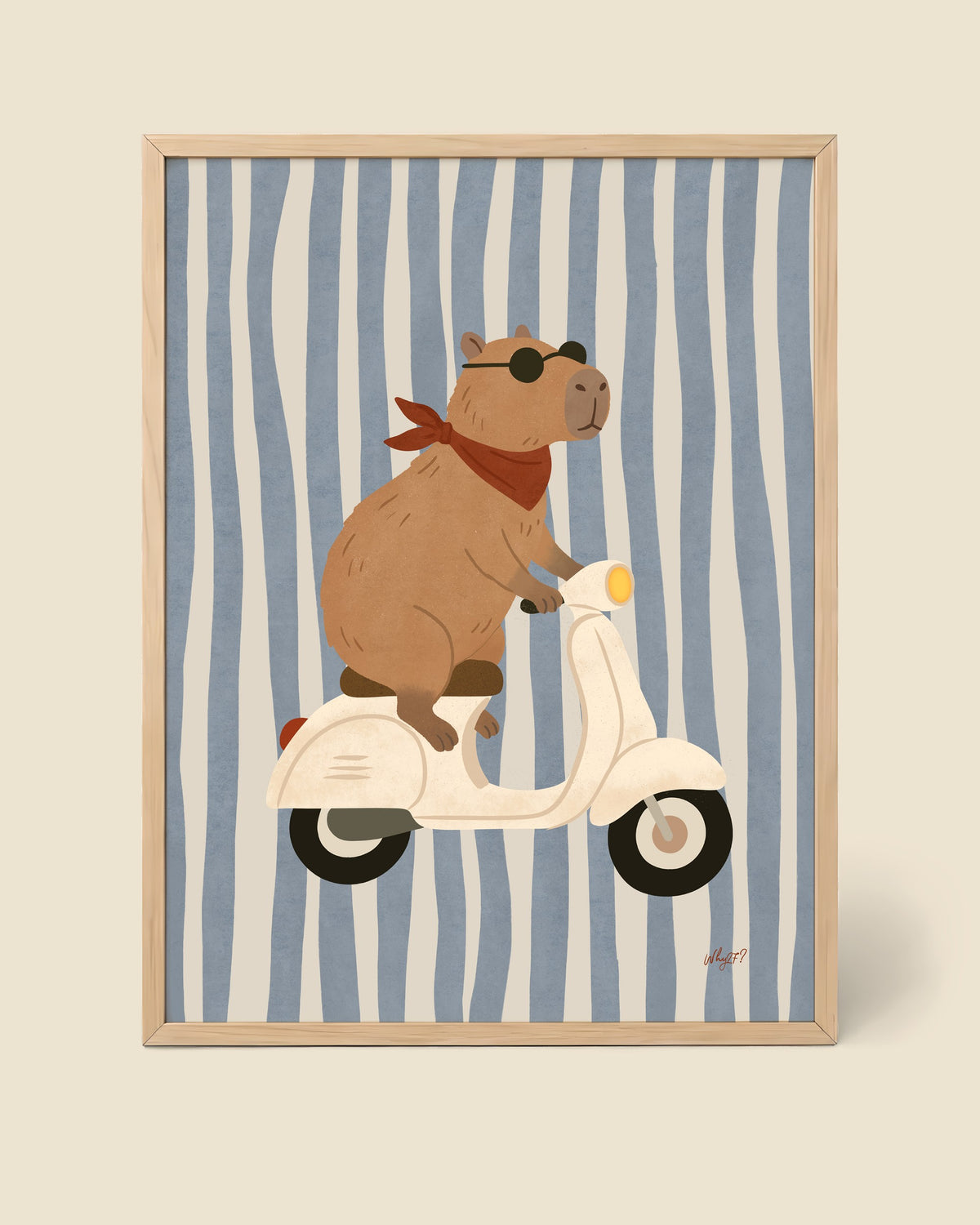 Cool Capybara Scooter Poster framed in a natural wood frame