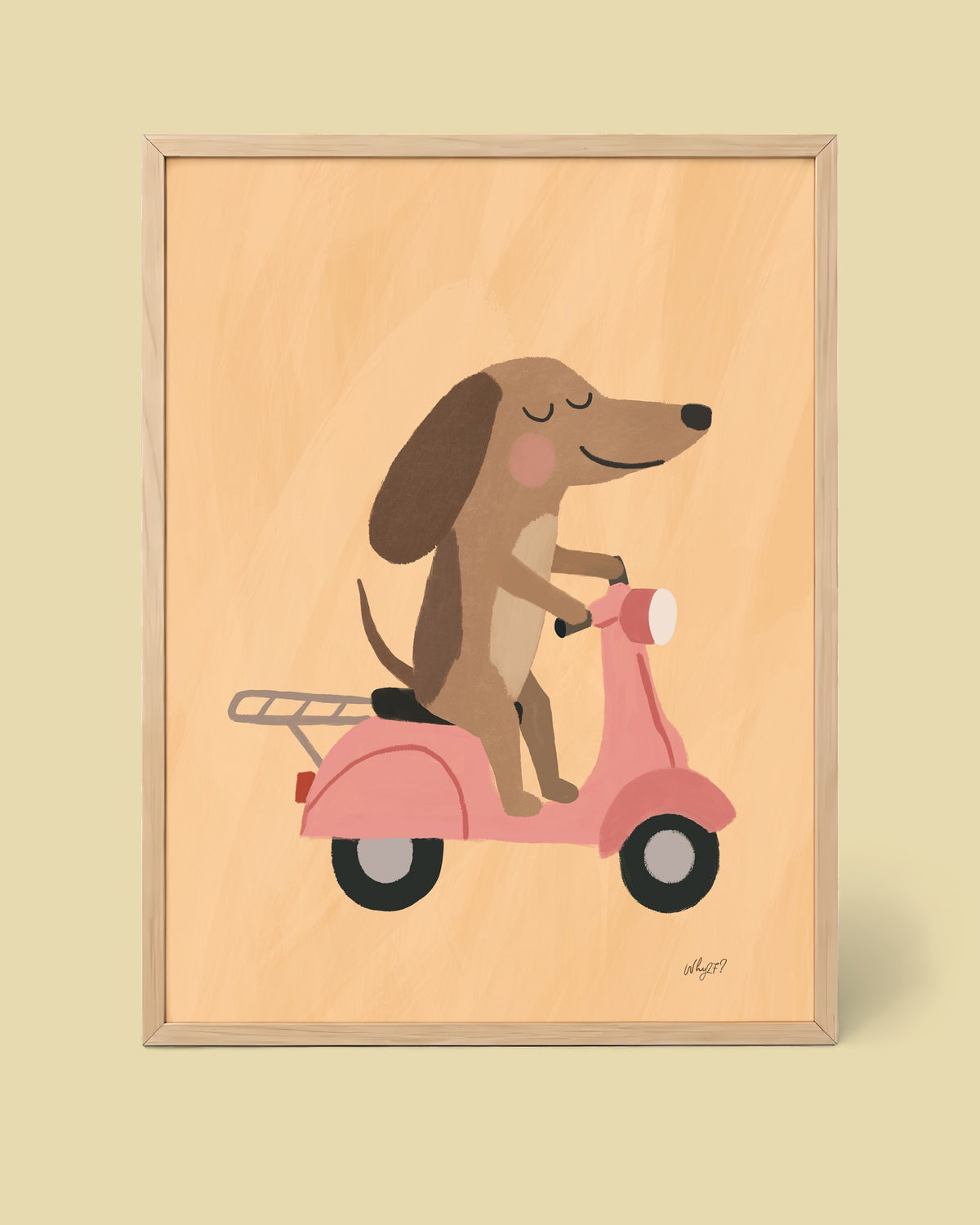 Delivery Dog Poster framed in a natural wood frame