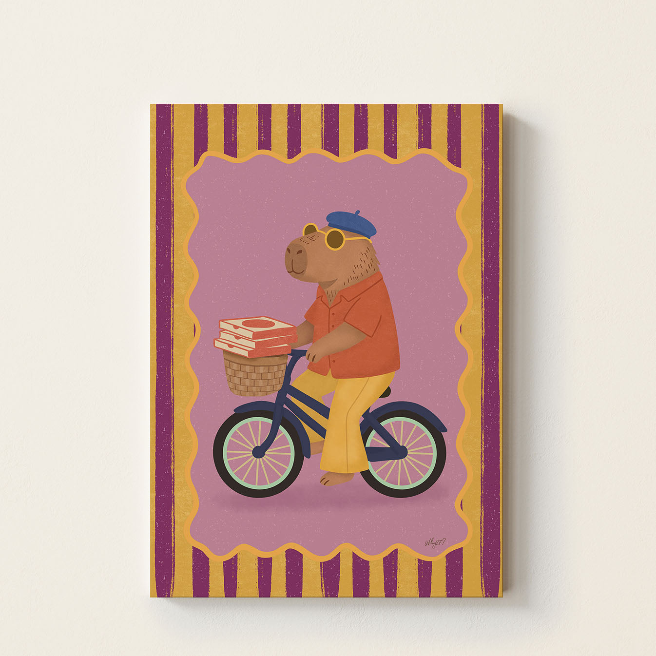 Capybara on bicycle poster featuring a capybara wearing sunglasses and a beret riding a bicycle with pizza boxes in a basket on a colorful background.