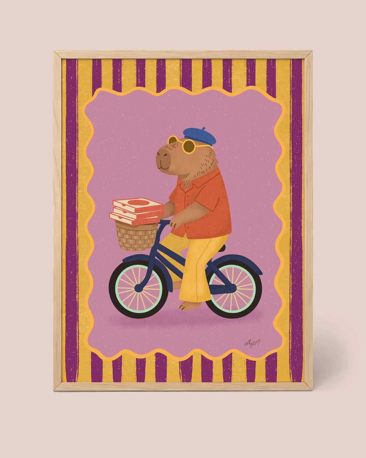 Capybara on Bicycle Poster framed in a natural wood frame
