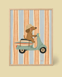 Poster Hund auf Fahrrad mit Surfbrett
