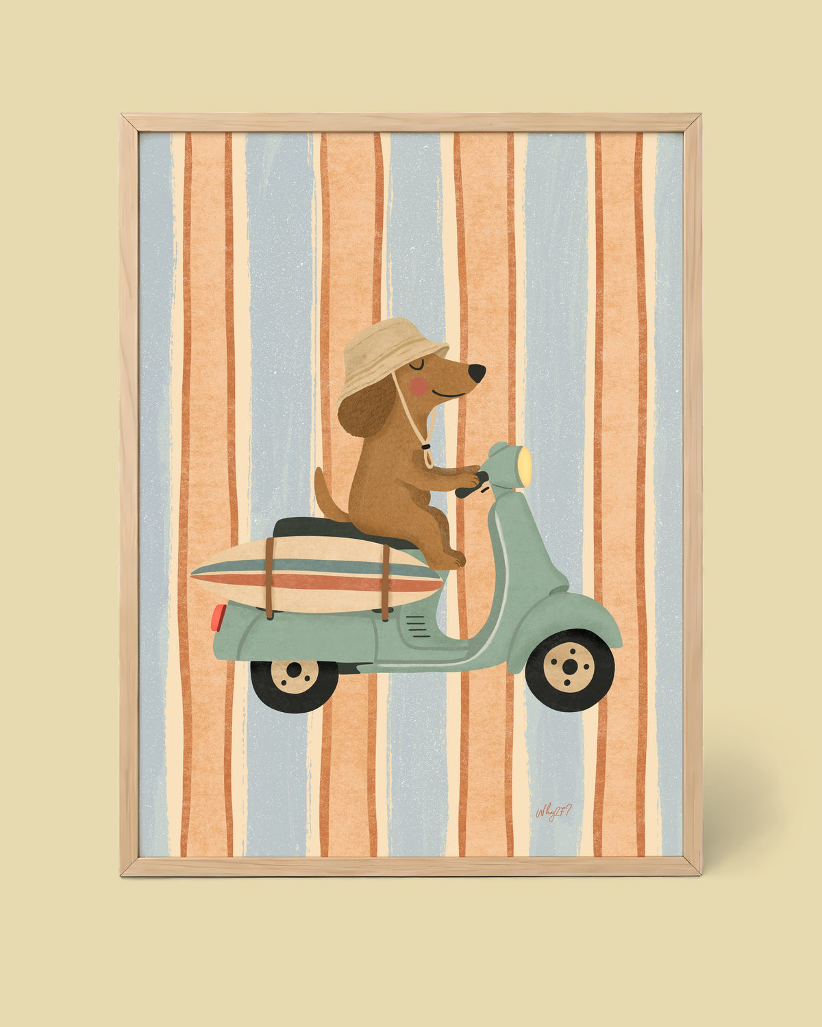 Surf Bike Dog Poster framed in a natural wood frame
