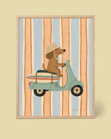 Poster Hund auf Fahrrad mit Surfbrett