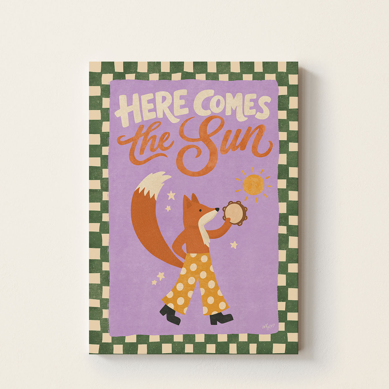 Hand-drawn fox holding a tambourine beneath the phrase Here Comes The Sun, cheerful inspirational wall art for nurseries, bedrooms, and playrooms.