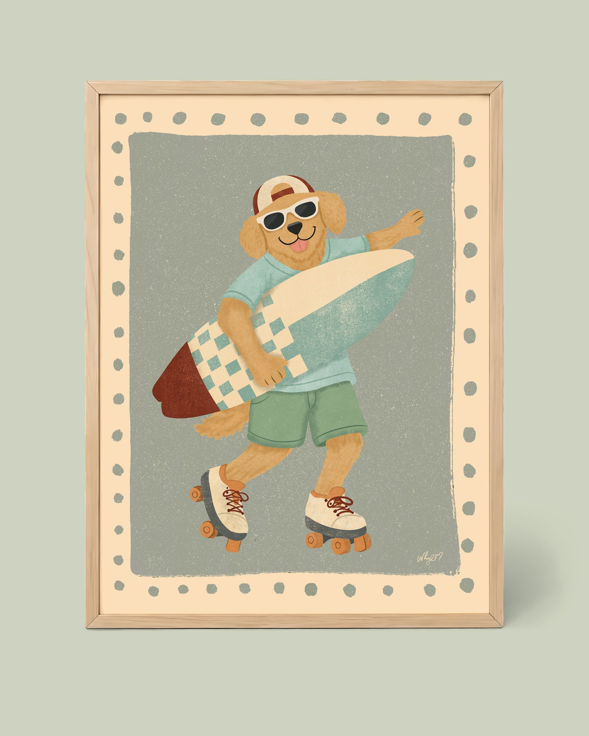 Surf Dog Stripes Poster framed in a natural wood frame