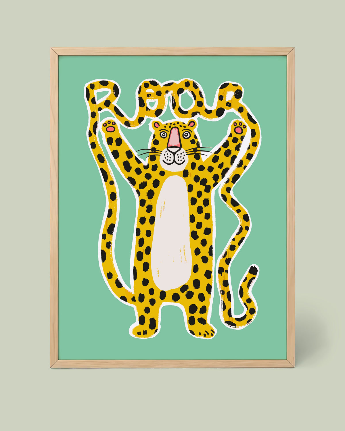 Roar Leopard Mint Poster framed in a natural wood frame