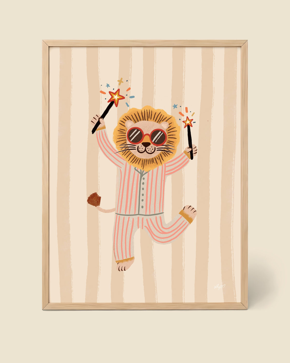 Sparkling Lion Poster framed in a natural wood frame