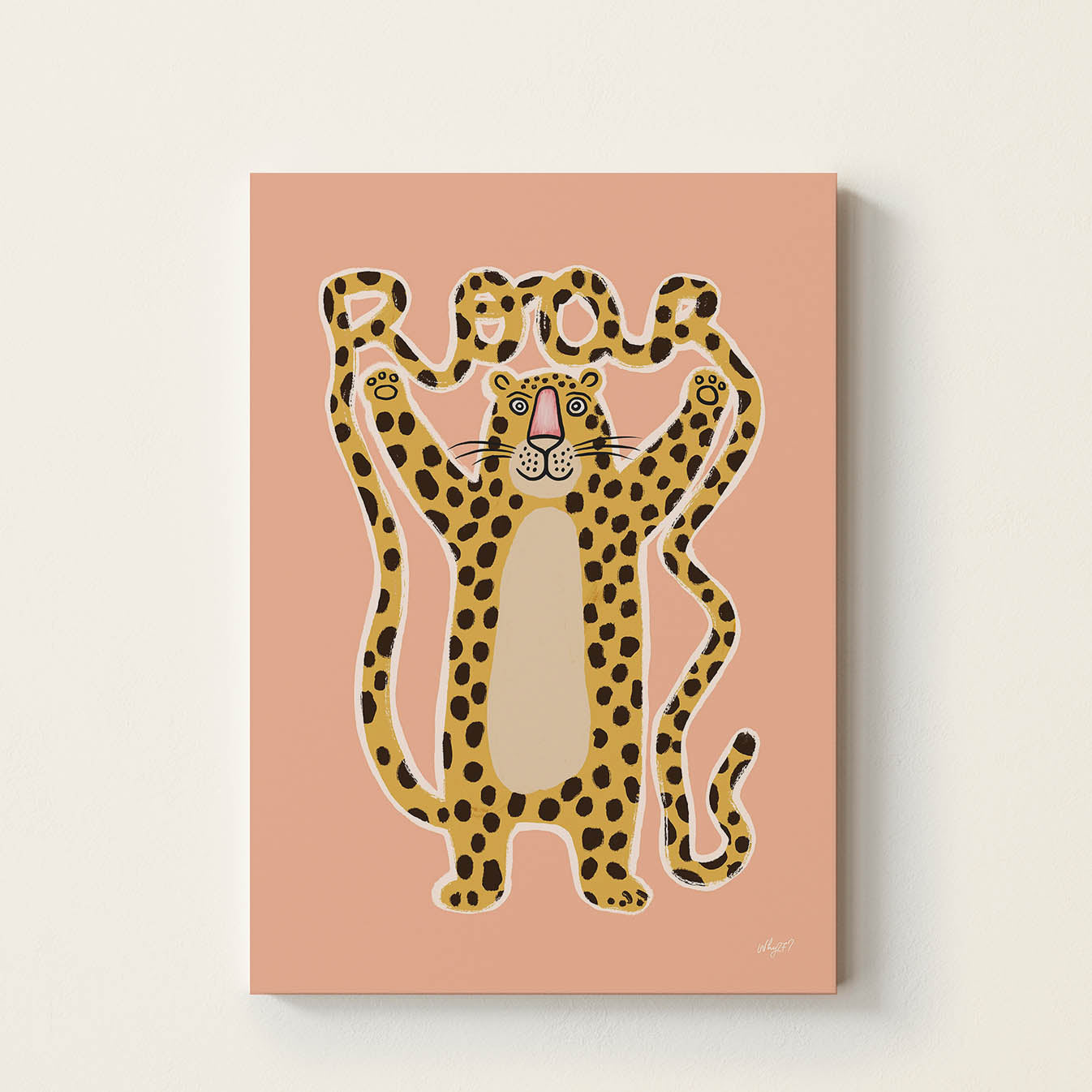 Hand-drawn leopard holding the letters of the word "ROAR", inspirational retro-style wall art for nurseries, children's bedrooms, playrooms, and classrooms.