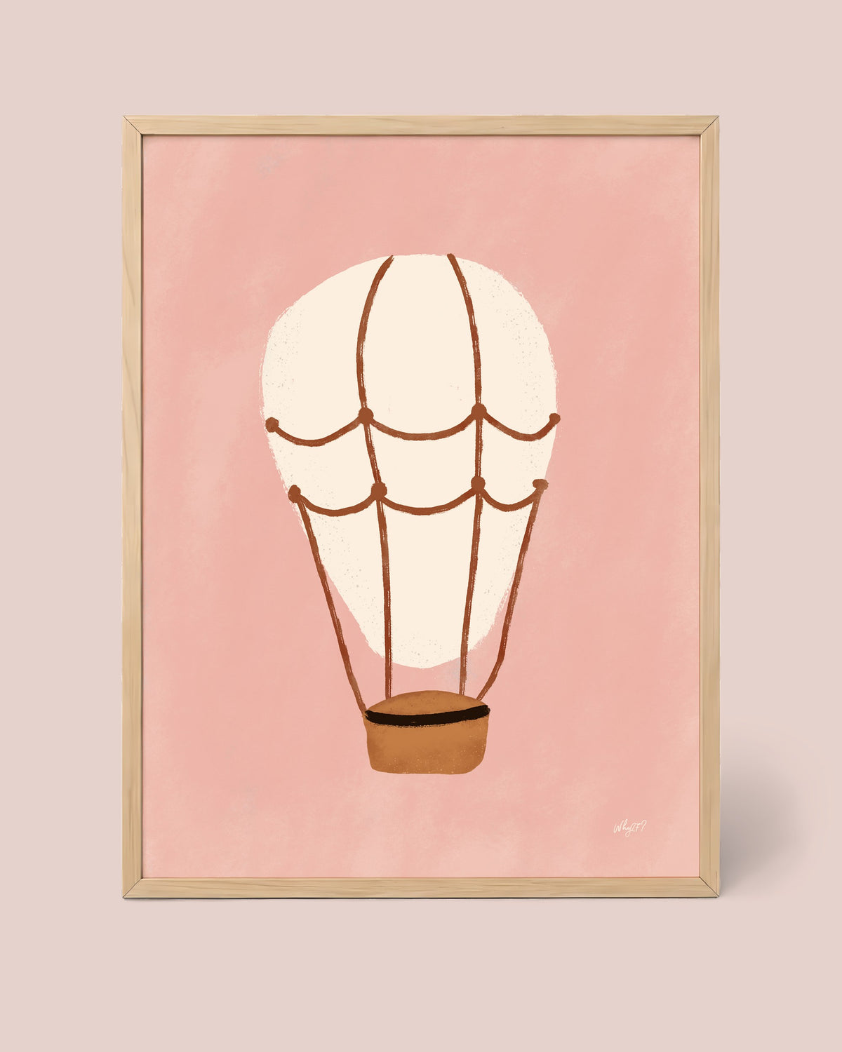 Pink Hot Air Balloon Poster framed in a natural wood frame