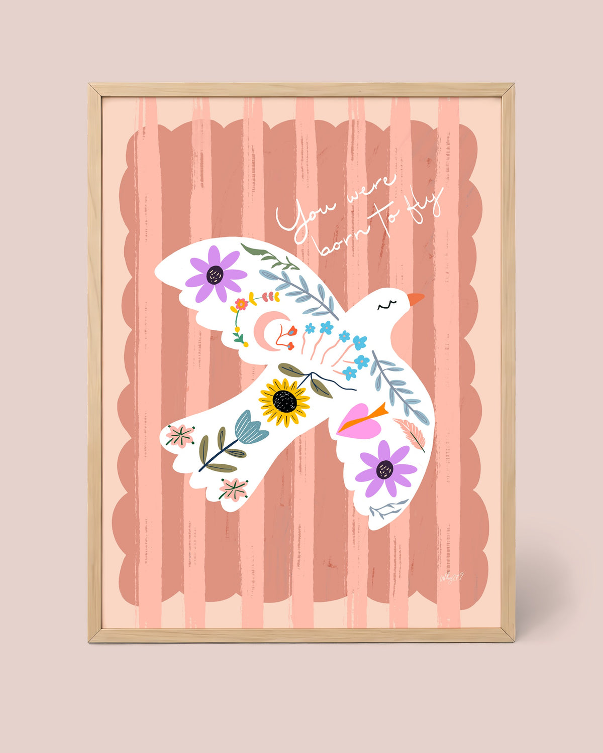 Born To Fly Bird Pink Poster framed in a natural wood frame