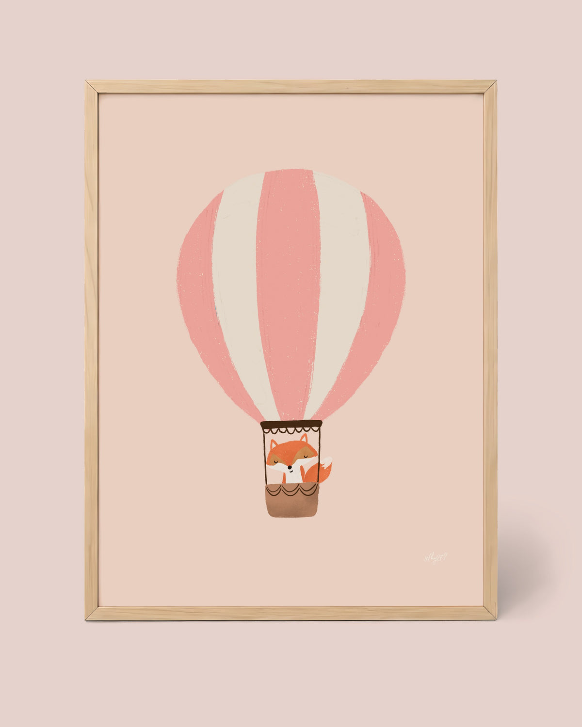 Balloon Fox Pink Poster framed in a natural wood frame