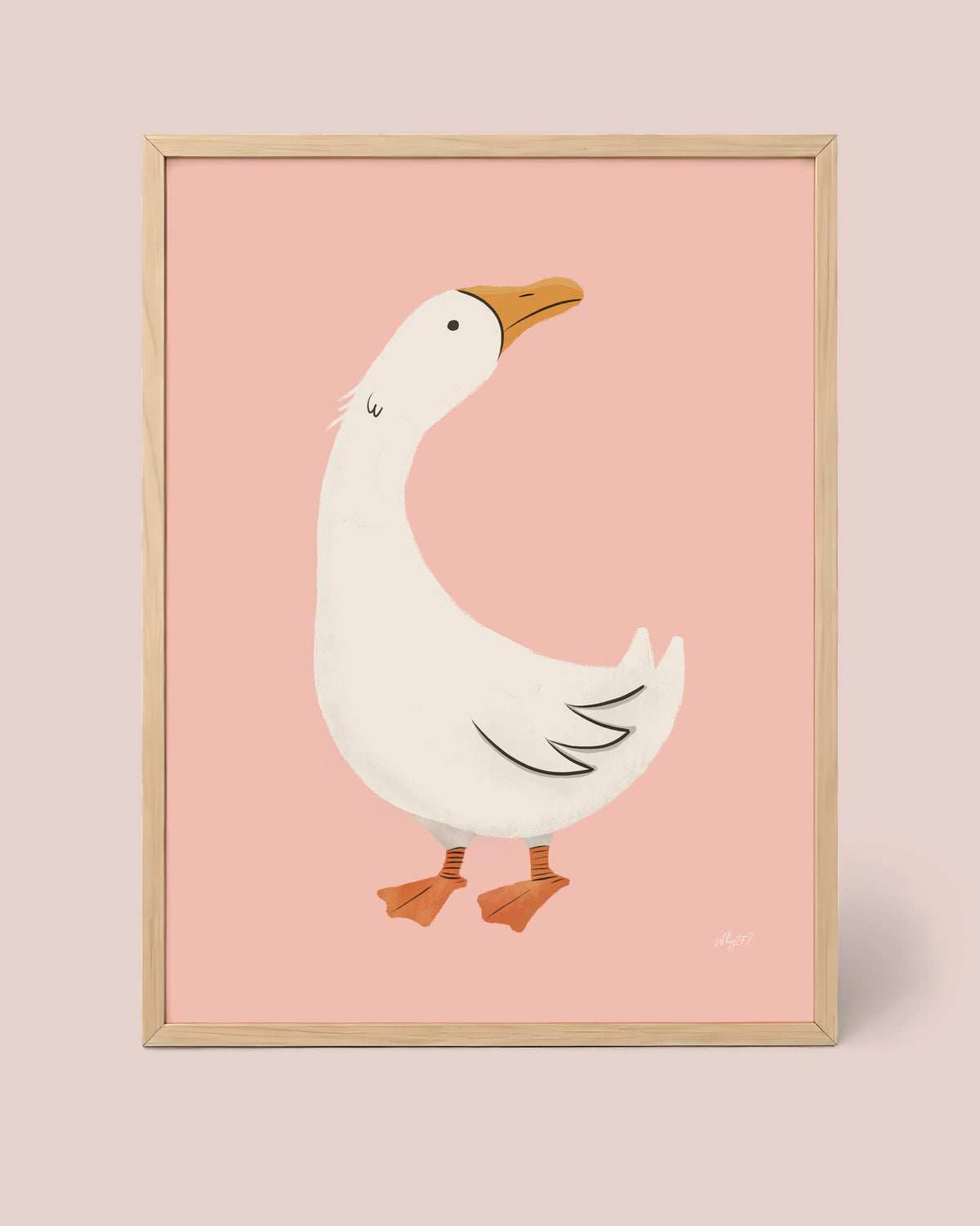 White Duck Pink Poster framed in a natural wood frame