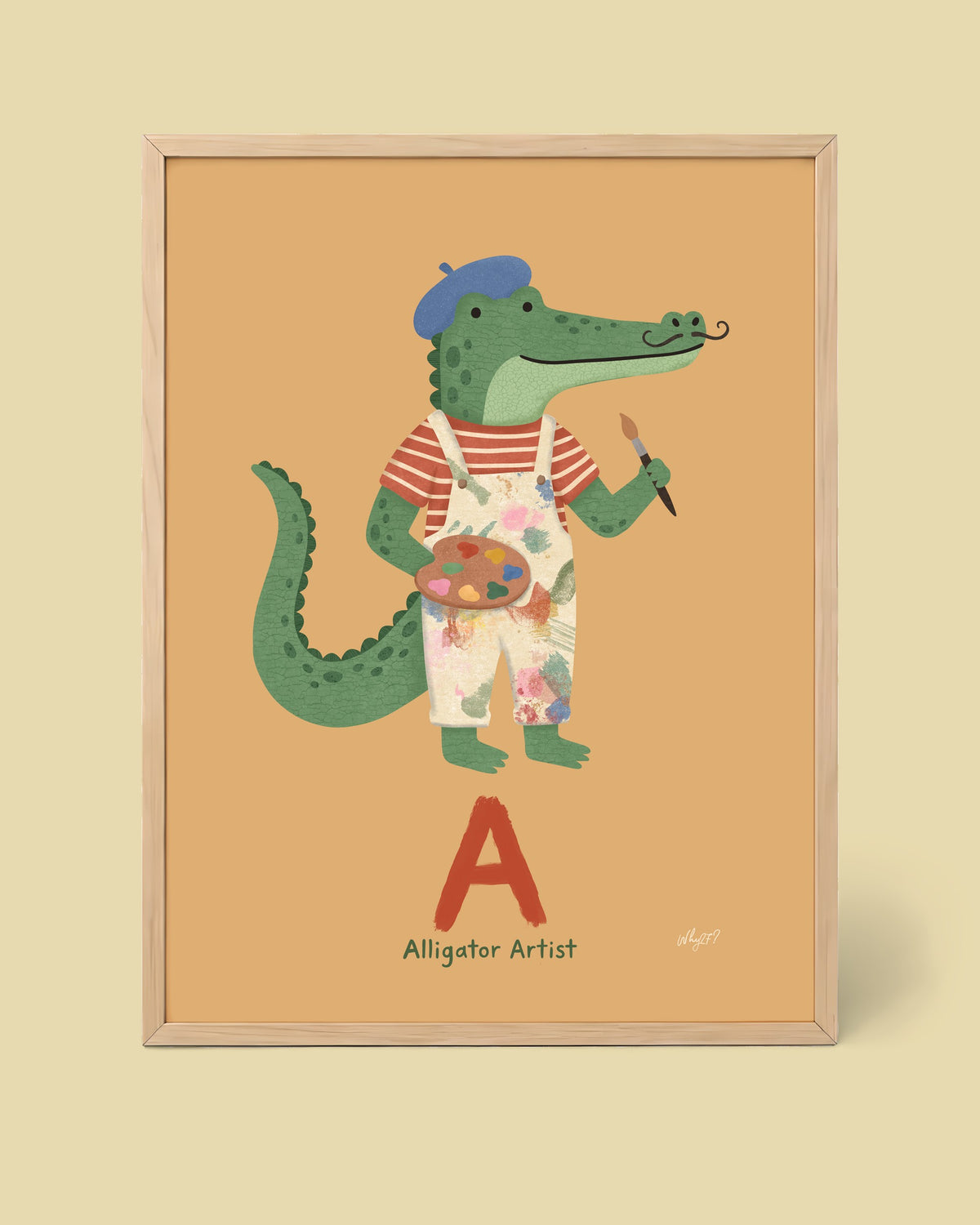 Alphabet Alligator Poster framed in a natural wood frame