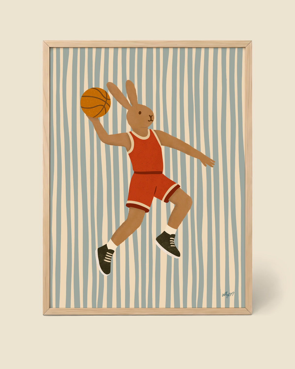 Basketball Rabbit Poster framed in a natural wood frame