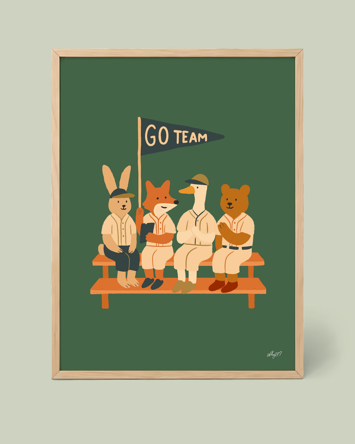 Go Team Bench Poster framed in a natural wood frame