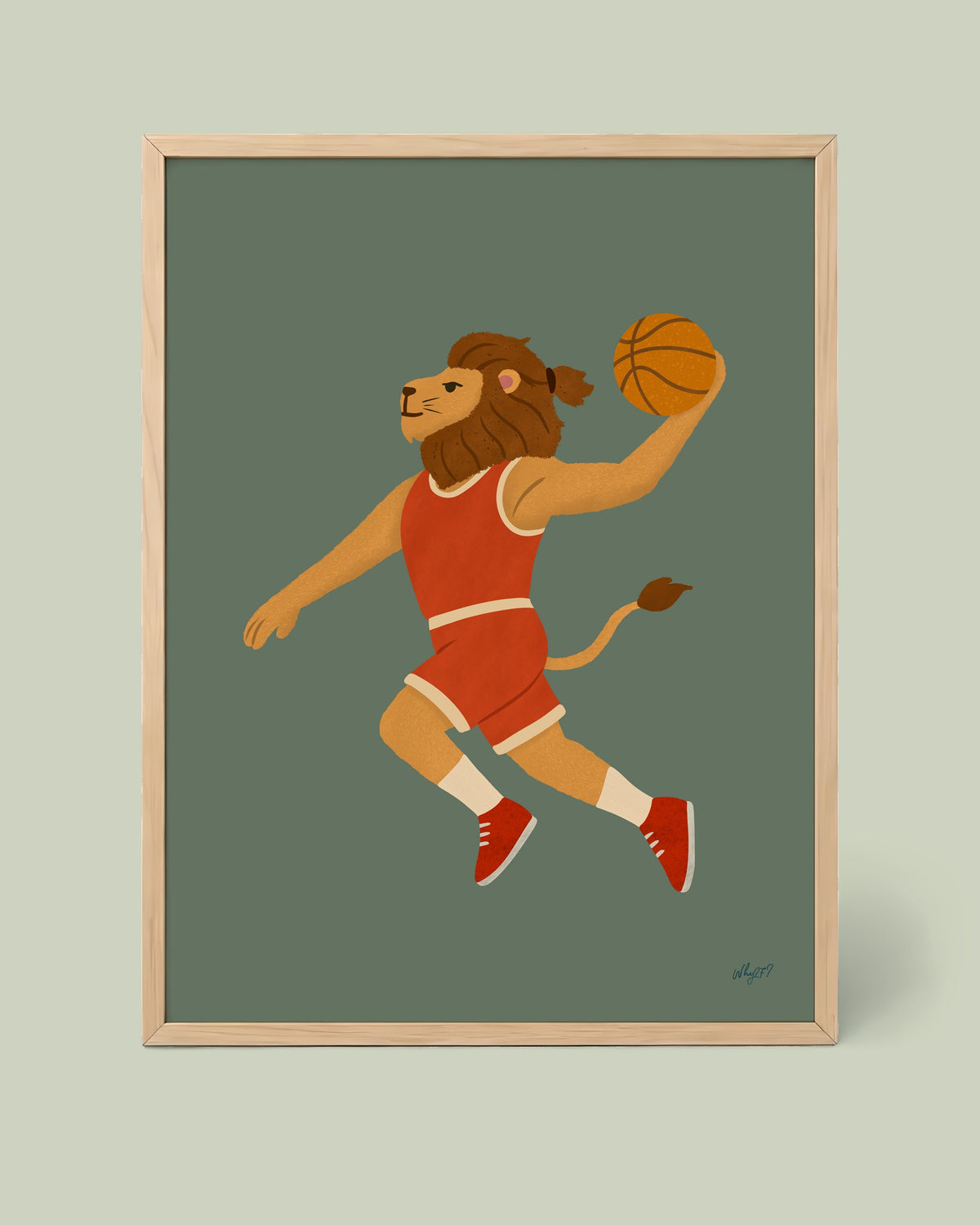 Basketball Lion Poster framed in a natural wood frame